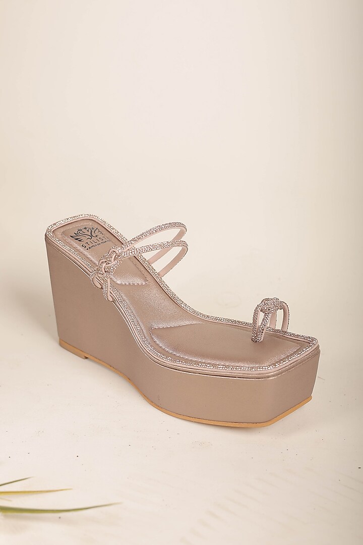 Rose Gold Synthetic Leather Embellished Square-Toe Wedges by STILISTA at Pernia's Pop Up Shop