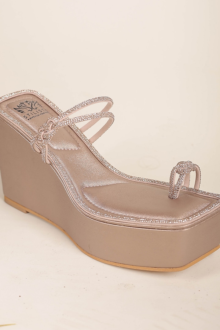Rose Gold Synthetic Leather Embellished Square-Toe Wedges by STILISTA at Pernia's Pop Up Shop