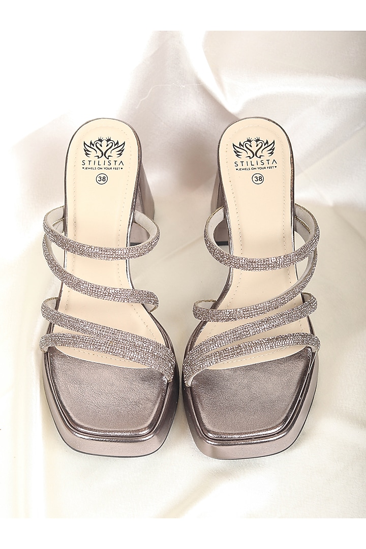 Gunmetal Synthetic Leather Embellished Multi-Strap Block Heels by STILISTA at Pernia's Pop Up Shop