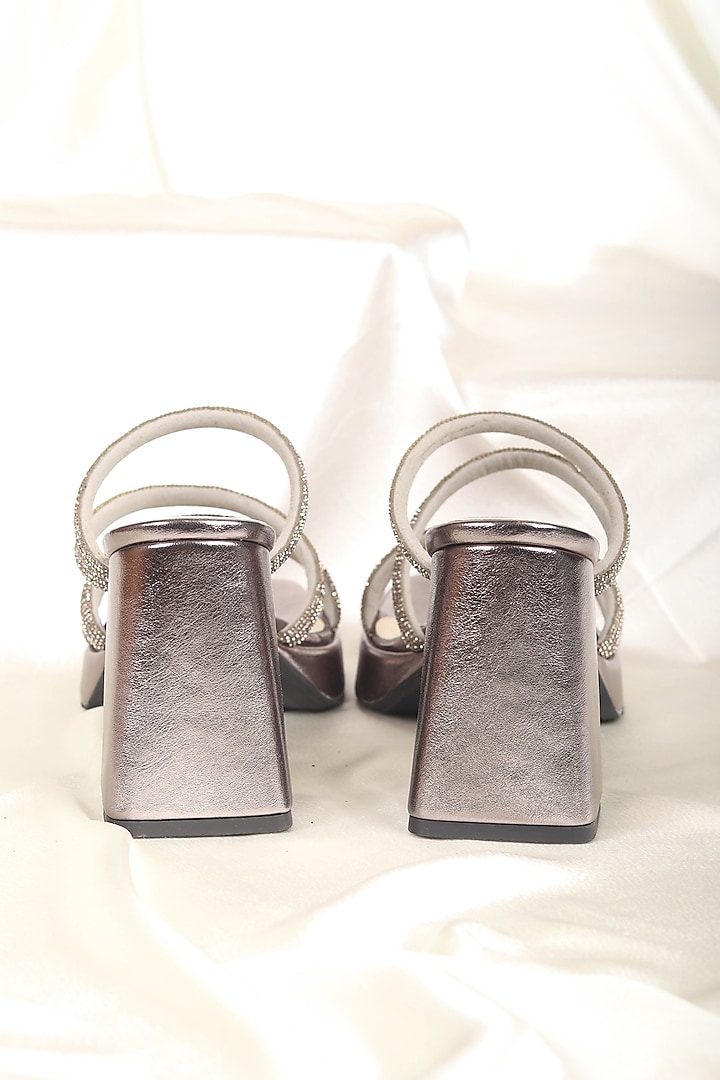 Gunmetal Synthetic Leather Embellished Multi-Strap Block Heels by STILISTA at Pernia's Pop Up Shop