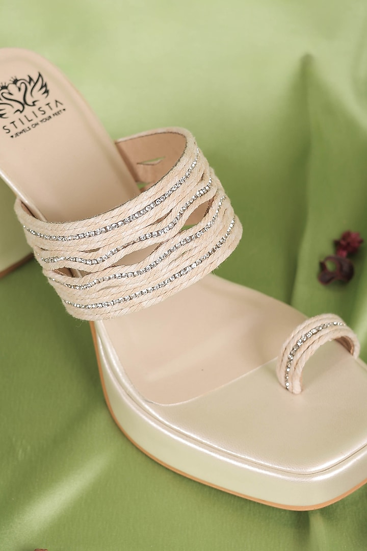 Off-White Synthetic Leather Embellished Block Heels by STILISTA at Pernia's Pop Up Shop