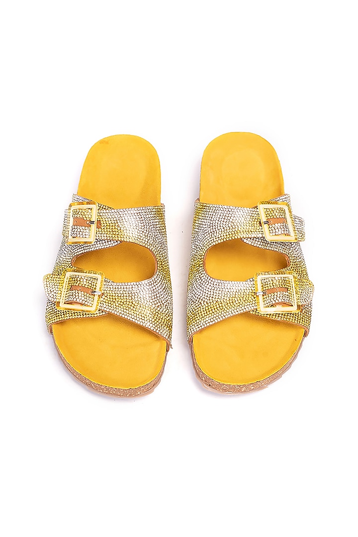 Yellow Genuine Leather Embellished Flats by STILISTA at Pernia's Pop Up Shop