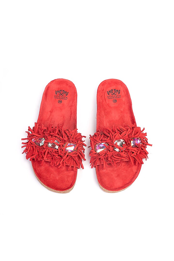 Red Genuine Leather Embellished Flats by STILISTA at Pernia's Pop Up Shop