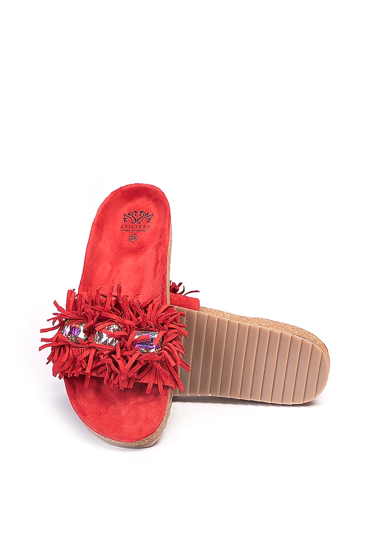 Red Genuine Leather Embellished Flats by STILISTA at Pernia's Pop Up Shop