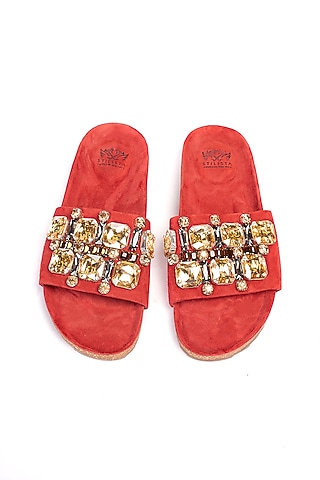 Red Genuine Leather Embellished Flats by STILISTA