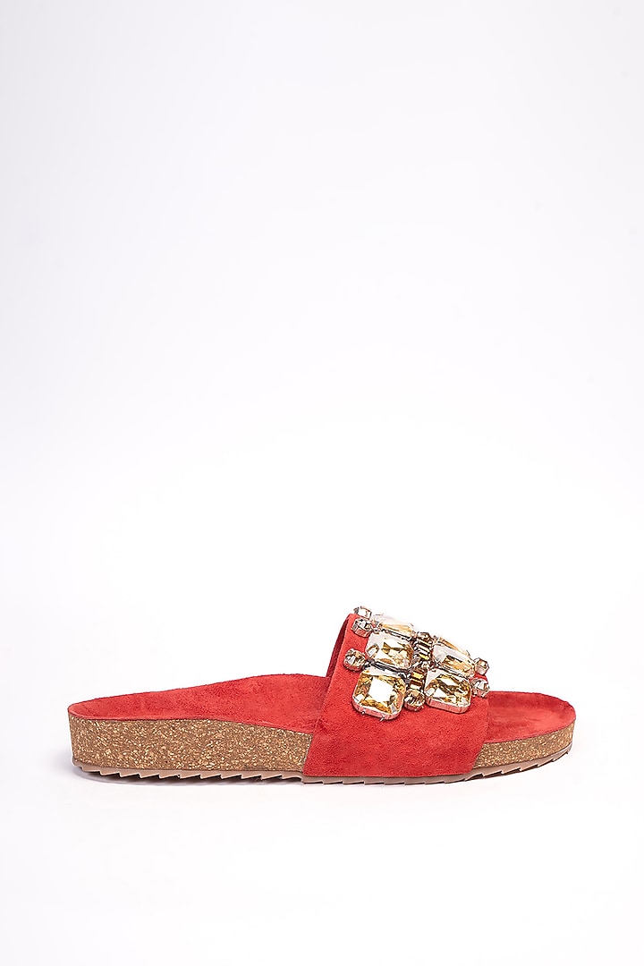 Red Genuine Leather Embellished Flats by STILISTA at Pernia's Pop Up Shop