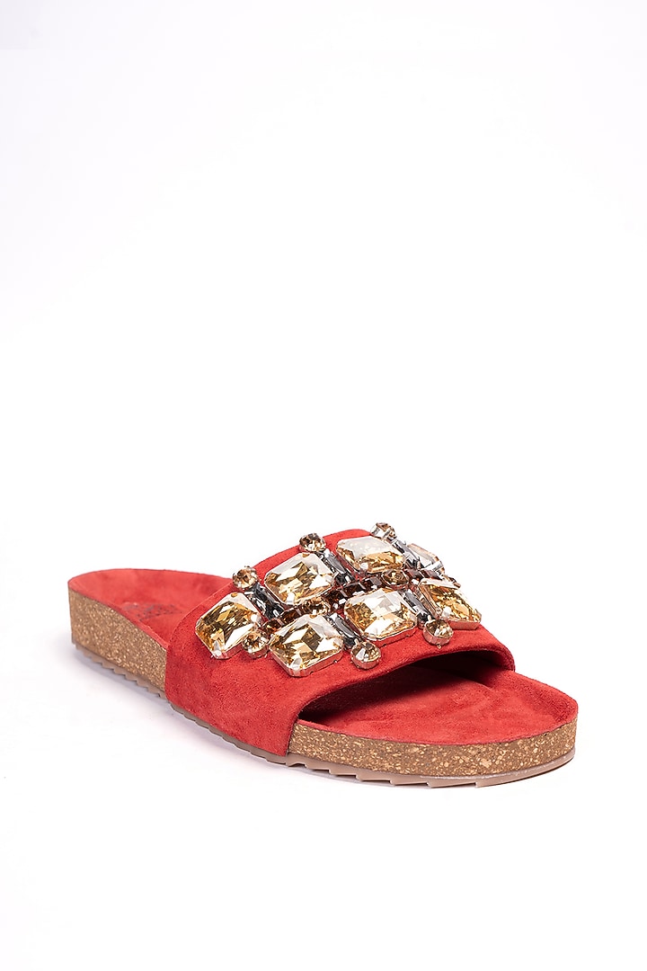 Red Genuine Leather Embellished Flats by STILISTA at Pernia's Pop Up Shop