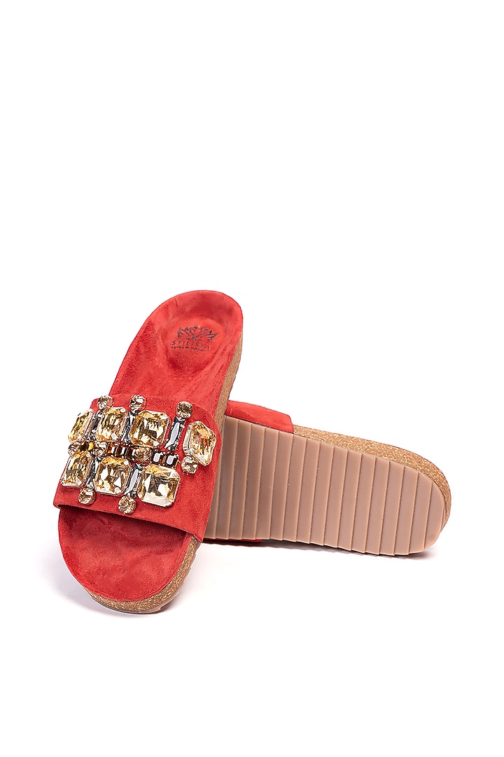 Red Genuine Leather Embellished Flats by STILISTA at Pernia's Pop Up Shop
