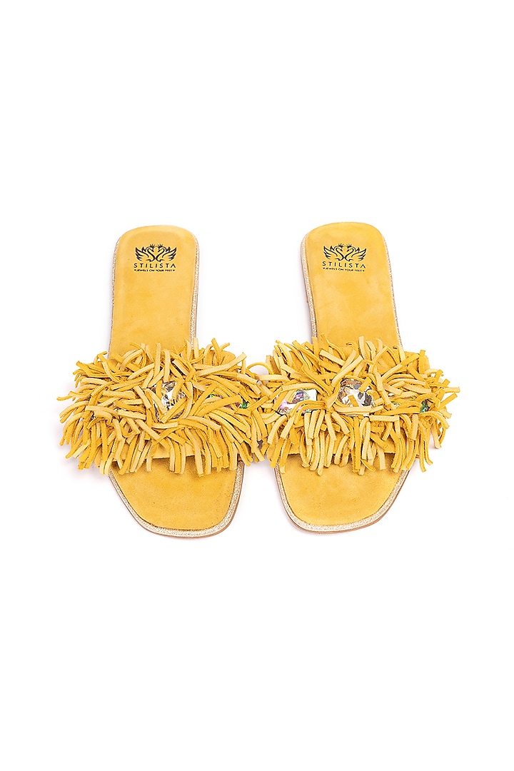 Yellow Leather Embellished Flats by STILISTA