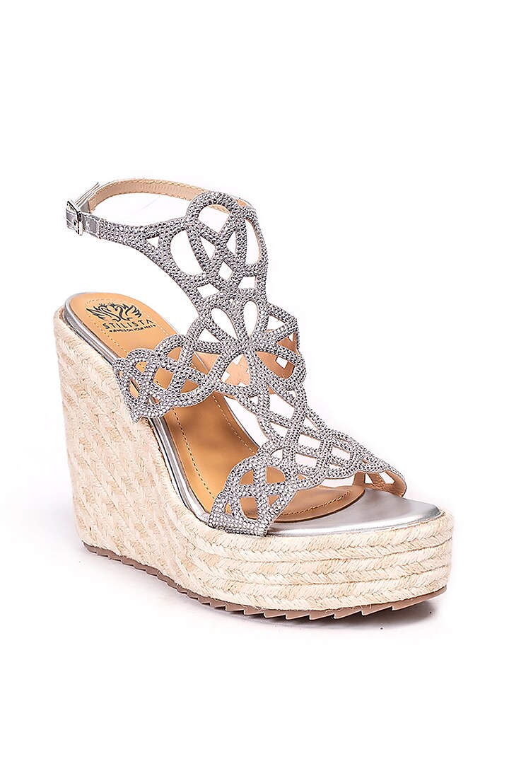 Silver Leather Embellished Wedges by STILISTA at Pernia's Pop Up Shop