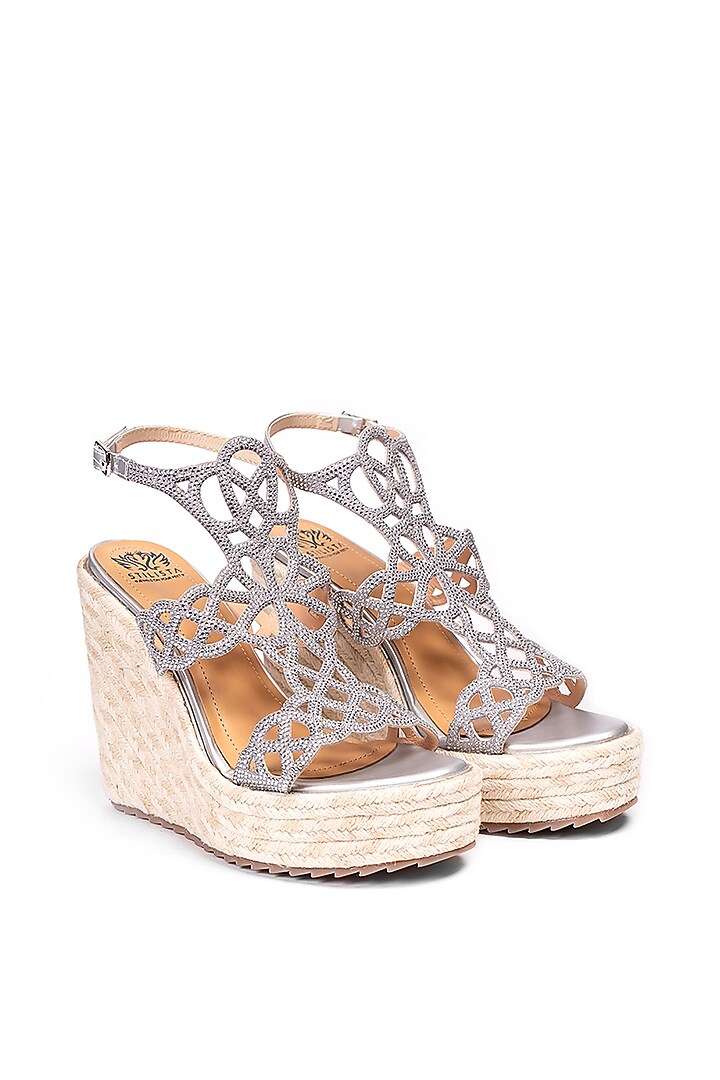 Silver Leather Embellished Wedges by STILISTA at Pernia's Pop Up Shop