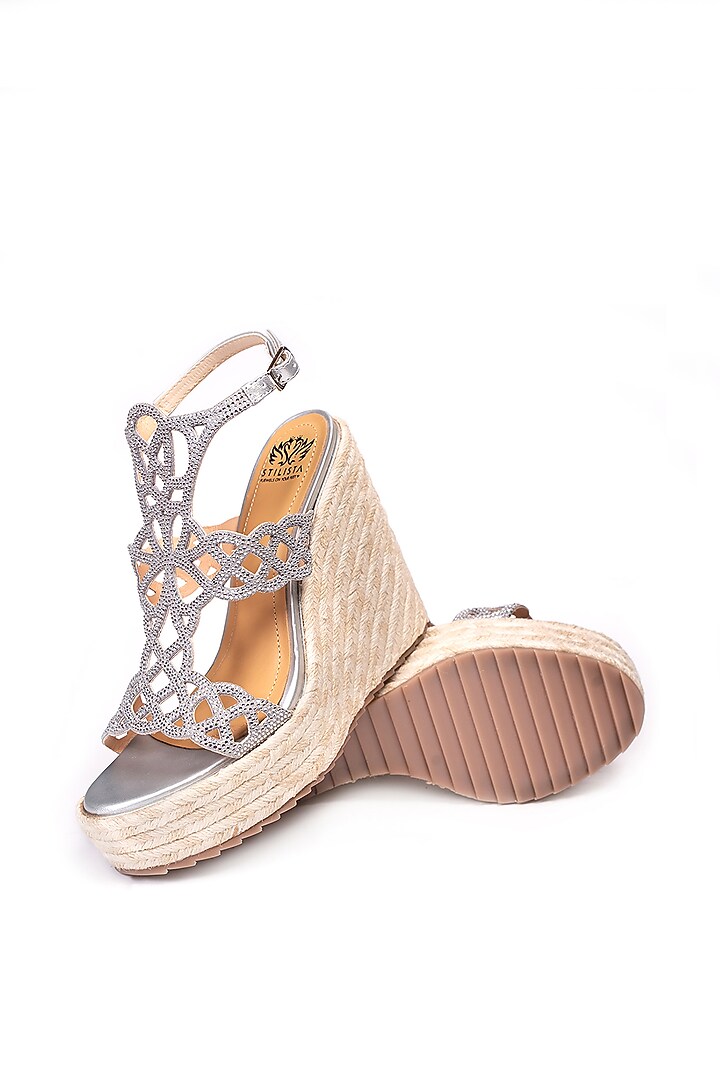 Silver Leather Embellished Wedges by STILISTA at Pernia's Pop Up Shop