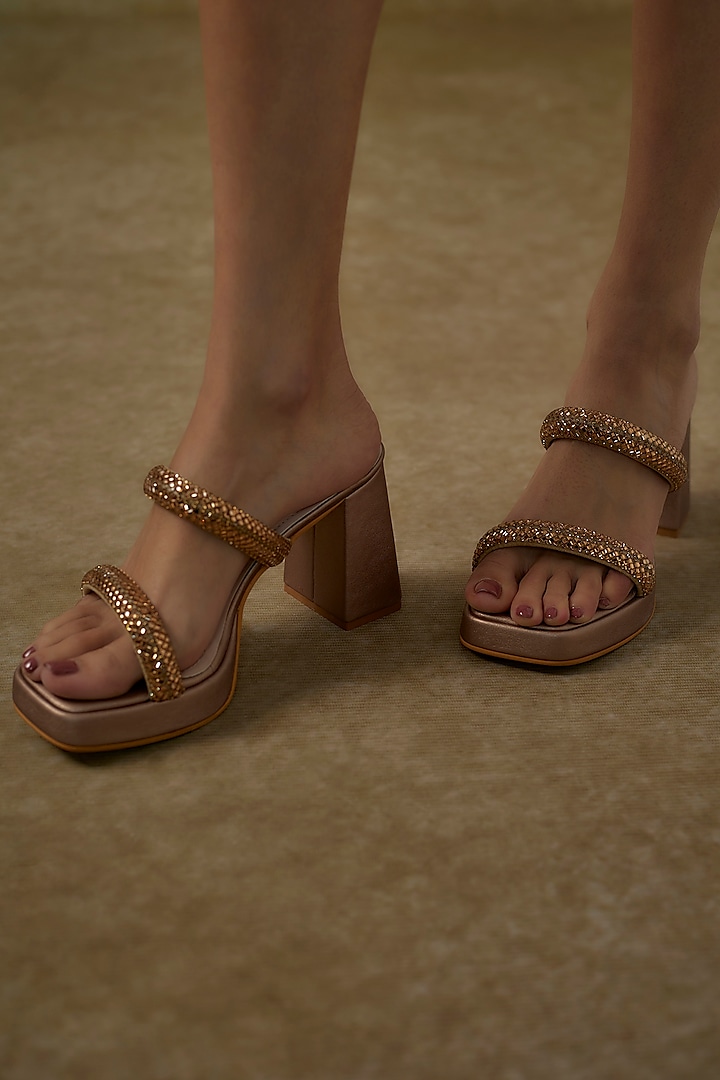 Gold Genuine Leather Stone Work Strappy Heels by STILISTA at Pernia's Pop Up Shop