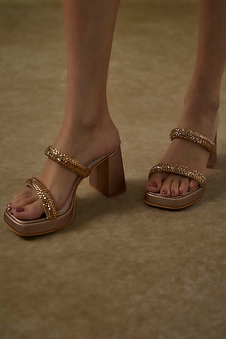 Gold Genuine Leather Stone Work Strappy Heels by STILISTA