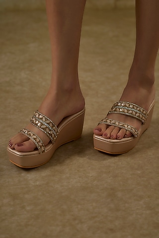 Gold Genuine Leather Stone Work Wedges by STILISTA