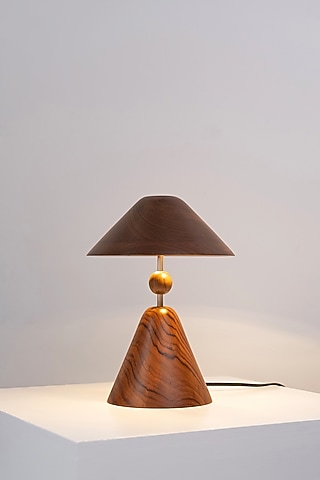 Brown Reclaimed Teak Wood & Brass Table Lamp by Studio Indigene