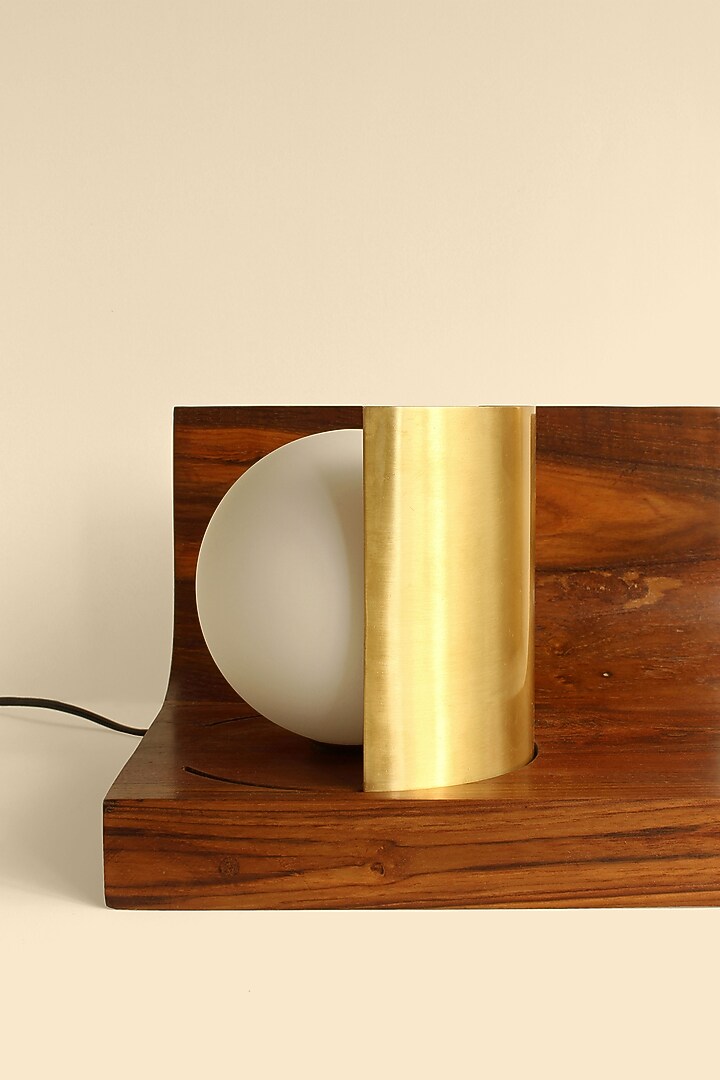 Brown Reclaimed Teak Wood & Brass Night Lamp by Studio Indigene at Pernia's Pop Up Shop