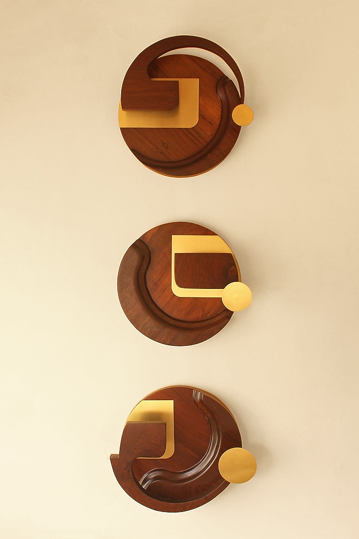 Brown Reclaimed Teak Wood & Brass Decorative Lamp (Set Of 3) by Studio Indigene at Pernia's Pop Up Shop
