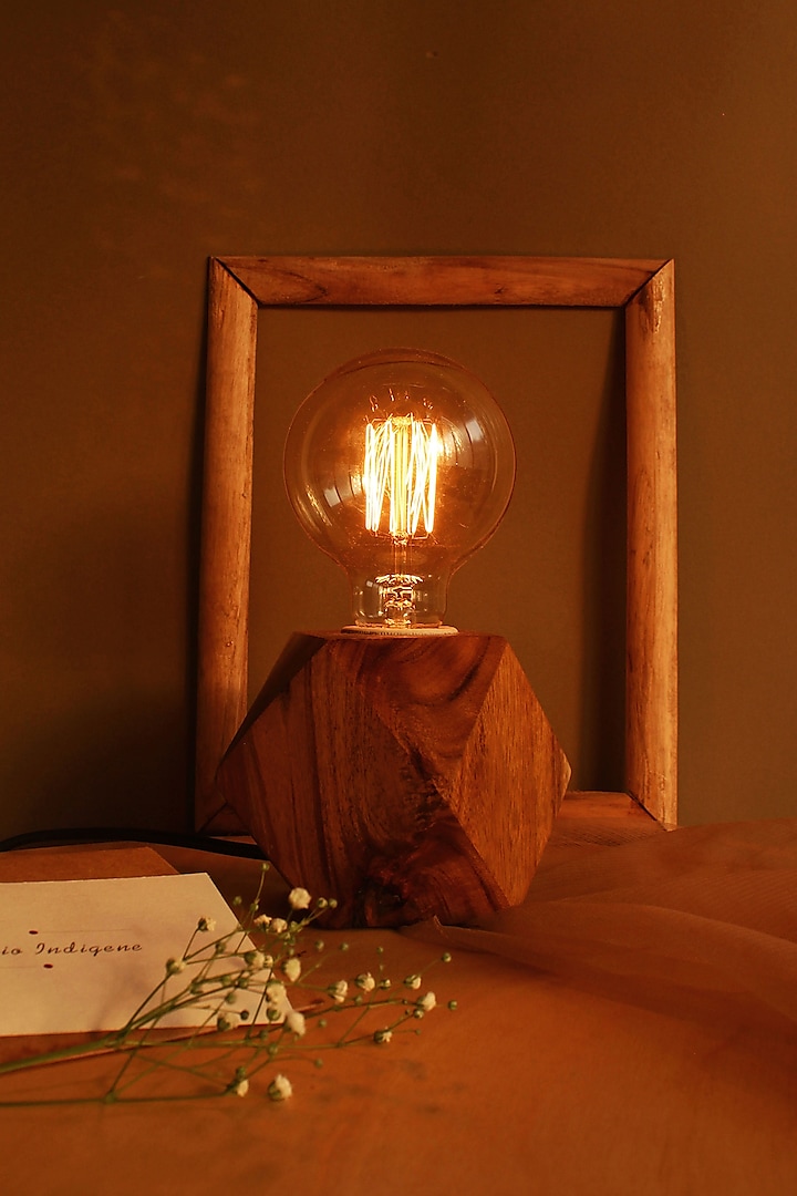 Brown Reclaimed Teak Wood Faceted Cube Lamp by Studio Indigene