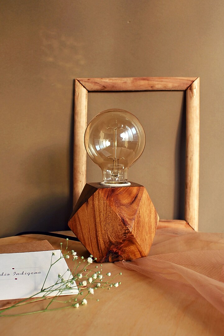 Brown Reclaimed Teak Wood Faceted Cube Lamp by Studio Indigene at Pernia's Pop Up Shop