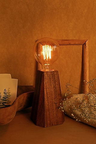 Brown Reclaimed Teak Wood Faceted Pyramid Lamp by Studio Indigene