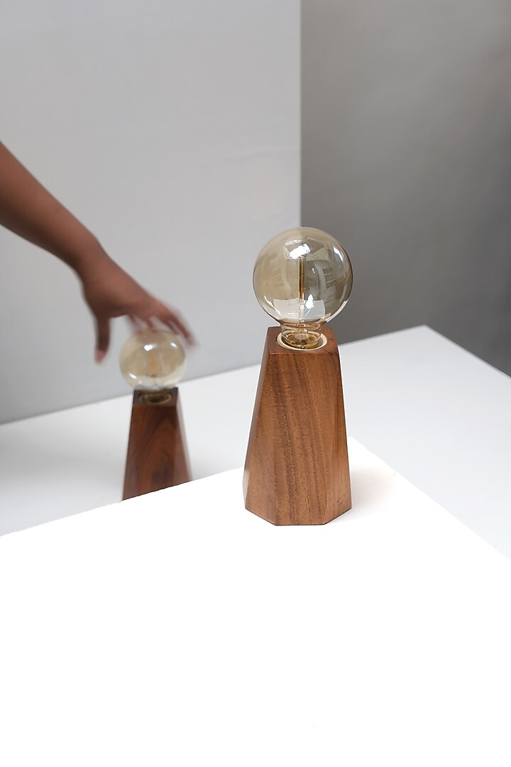 Brown Reclaimed Teak Wood Faceted Pyramid Lamp by Studio Indigene at Pernia's Pop Up Shop