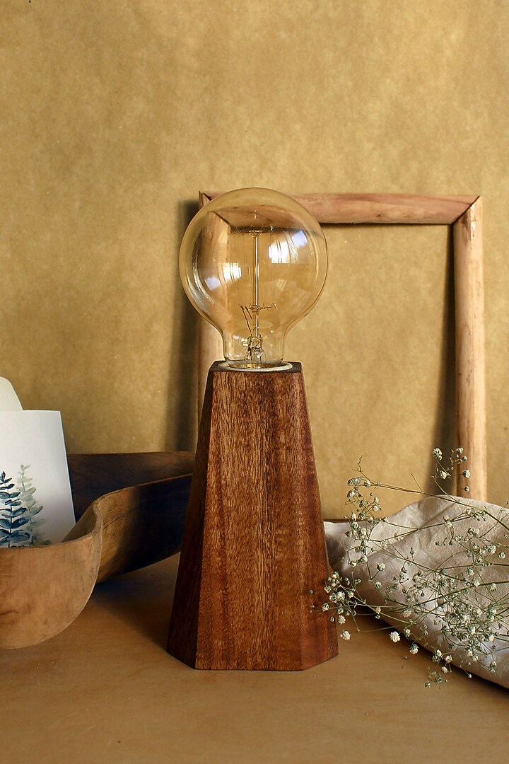 Brown Reclaimed Teak Wood Faceted Pyramid Lamp by Studio Indigene at Pernia's Pop Up Shop