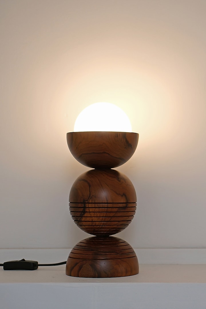 Brown Reclaimed Teak Wood Sphera Table Lamp by Studio Indigene