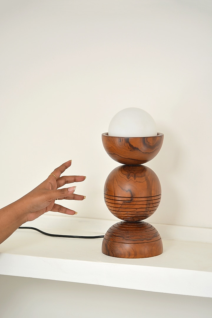 Brown Reclaimed Teak Wood Sphera Table Lamp by Studio Indigene at Pernia's Pop Up Shop