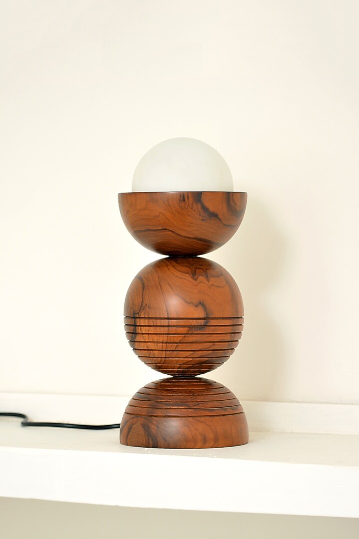 Brown Reclaimed Teak Wood Sphera Table Lamp by Studio Indigene at Pernia's Pop Up Shop