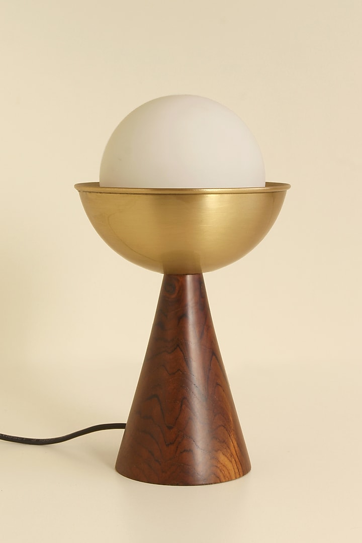 Brown Reclaimed Teak Wood & Aluminium Coated With Brass Finish Table Lamp by Studio Indigene at Pernia's Pop Up Shop