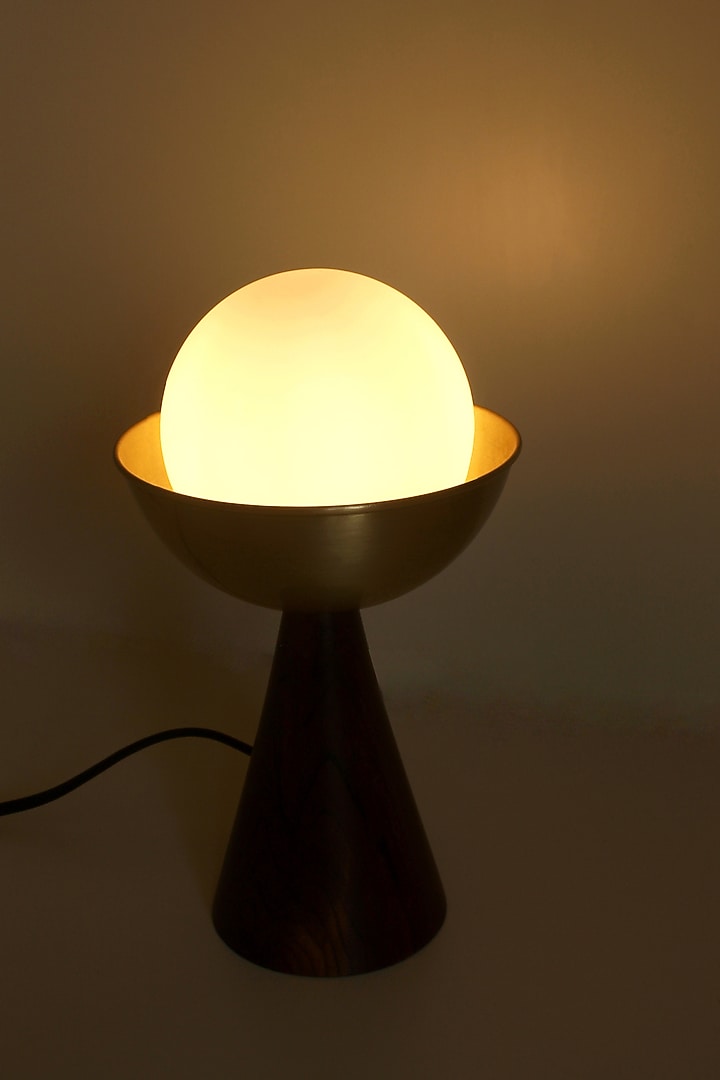Brown Reclaimed Teak Wood & Aluminium Coated With Brass Finish Table Lamp by Studio Indigene at Pernia's Pop Up Shop