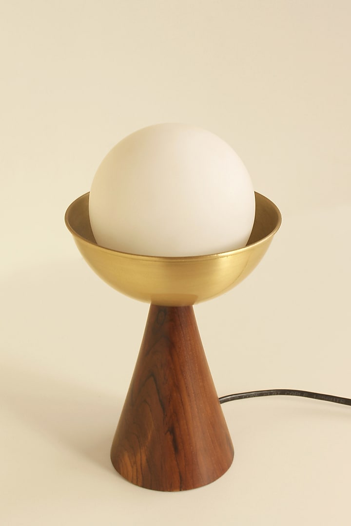 Brown Reclaimed Teak Wood & Aluminium Coated With Brass Finish Table Lamp by Studio Indigene at Pernia's Pop Up Shop