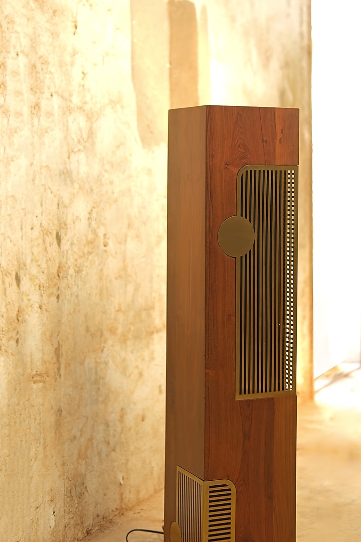 Brown Reclaimed Teak Wood & Aluminium Coated With Brass Finish Table Lamp by Studio Indigene at Pernia's Pop Up Shop