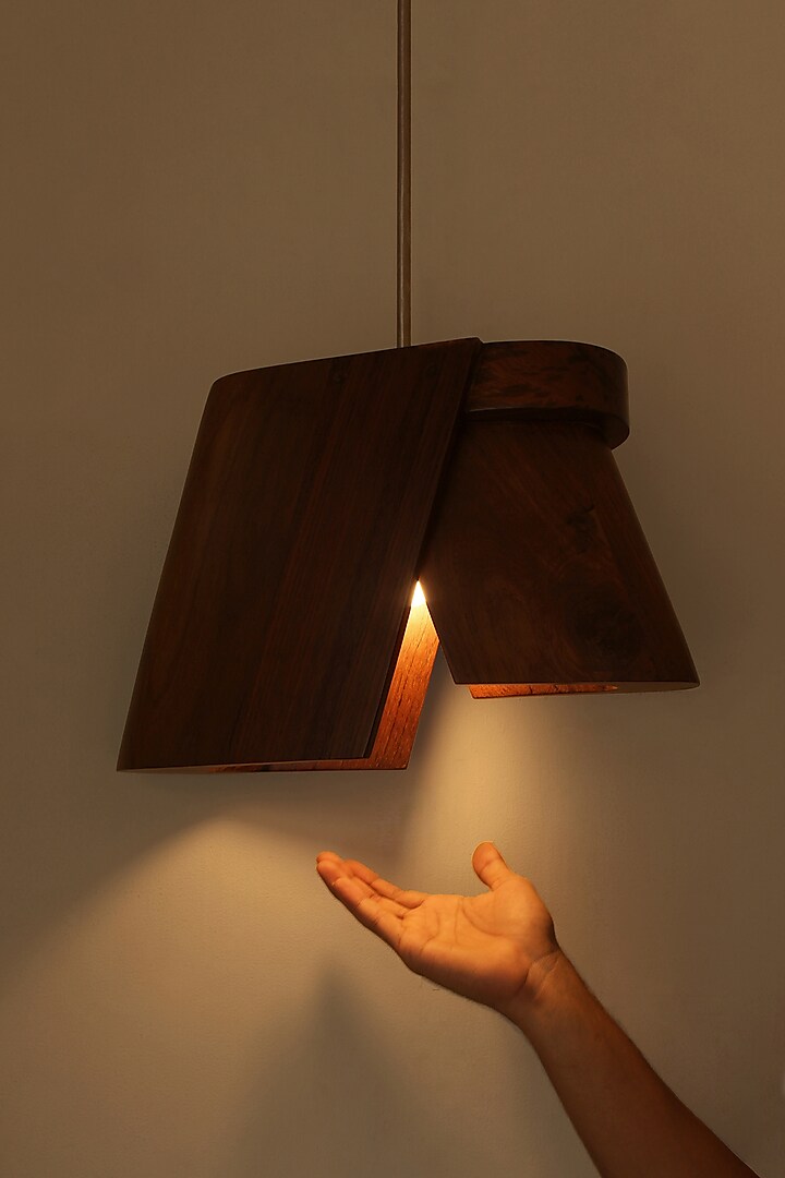 Brown Reclaimed Teak Wood & Stainless Steel Wooden Hanging Lamp by Studio Indigene