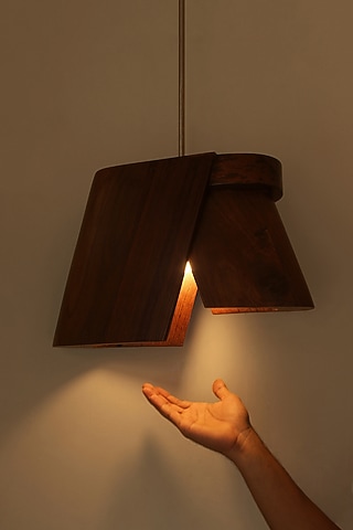 Brown Reclaimed Teak Wood & Stainless Steel Wooden Hanging Lamp by Studio Indigene
