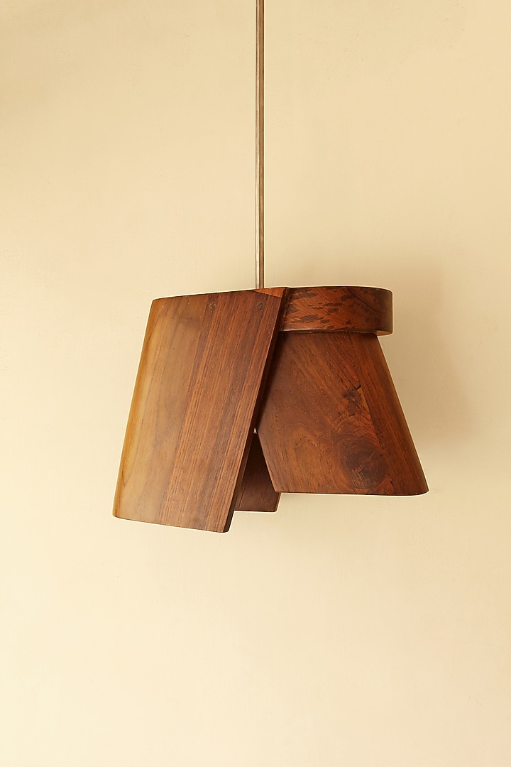 Brown Reclaimed Teak Wood & Stainless Steel Wooden Hanging Lamp by Studio Indigene at Pernia's Pop Up Shop