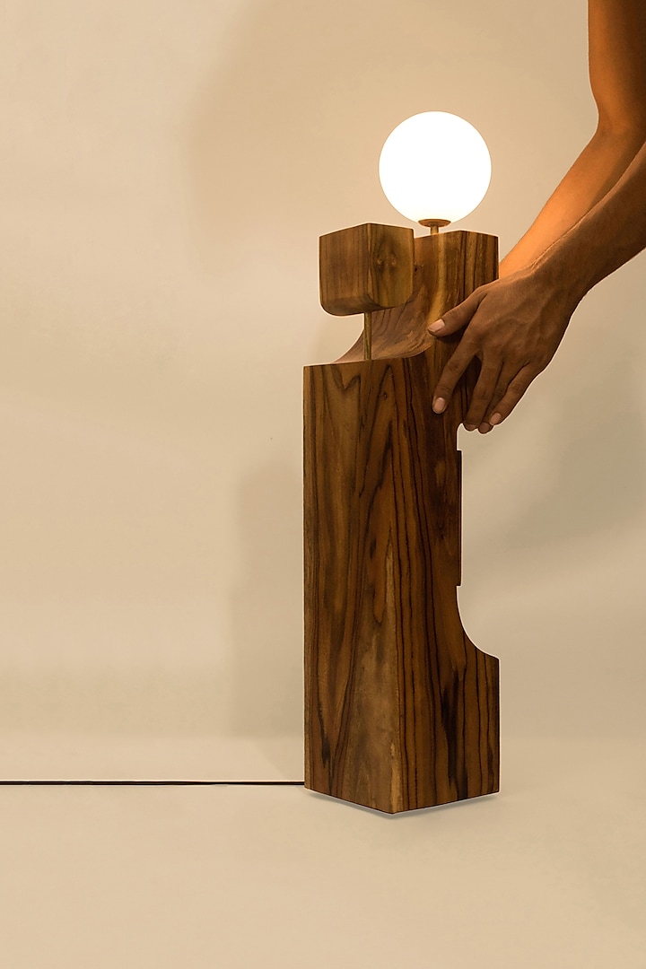 Brown Reclaimed Teak Wood & Brass Floor Lamp by Studio Indigene