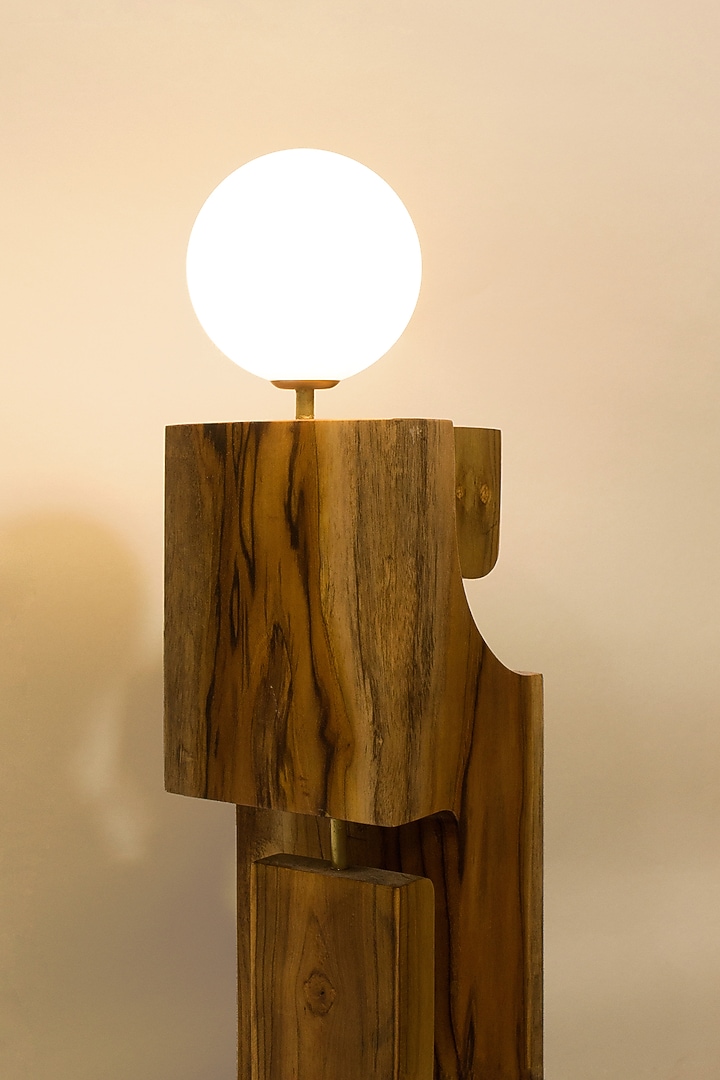 Brown Reclaimed Teak Wood & Brass Floor Lamp by Studio Indigene at Pernia's Pop Up Shop
