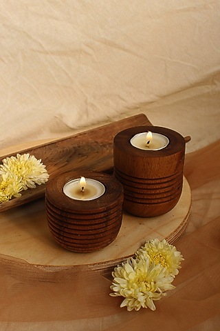 Brown Reclaimed Teak Wood Candle Holder (Set Of 2) by Studio Indigene