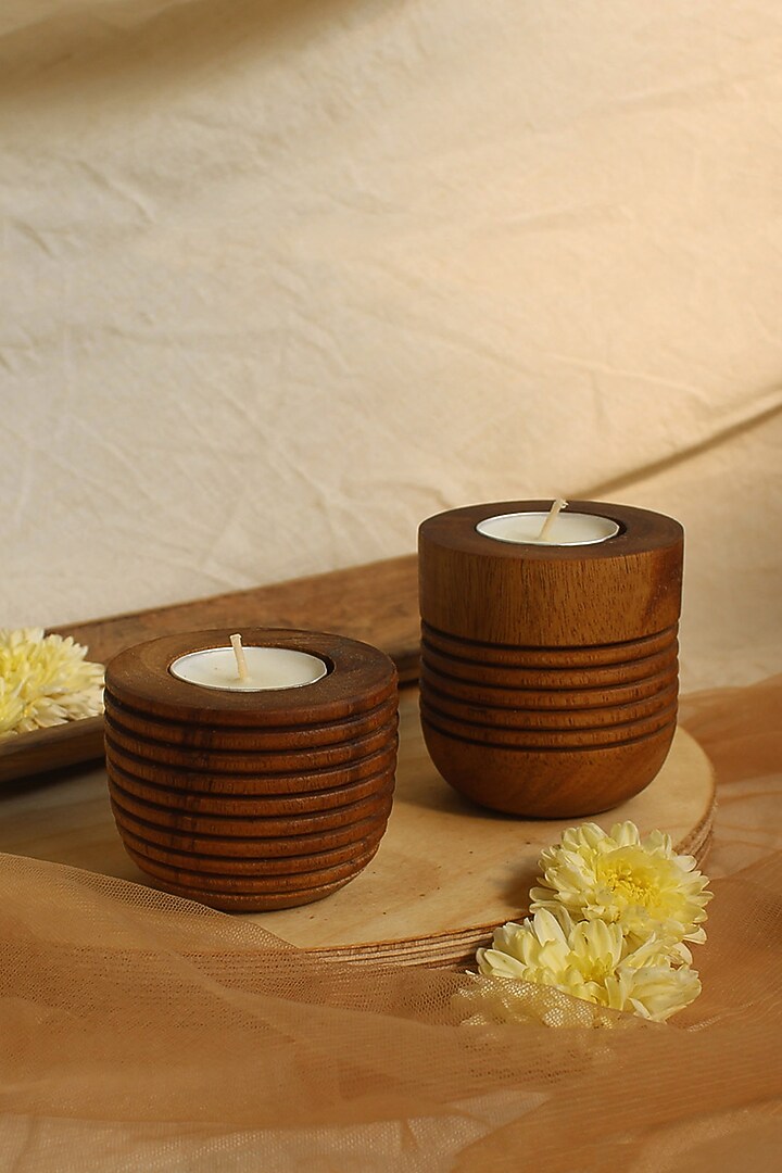 Brown Reclaimed Teak Wood Candle Holder (Set Of 2) by Studio Indigene at Pernia's Pop Up Shop