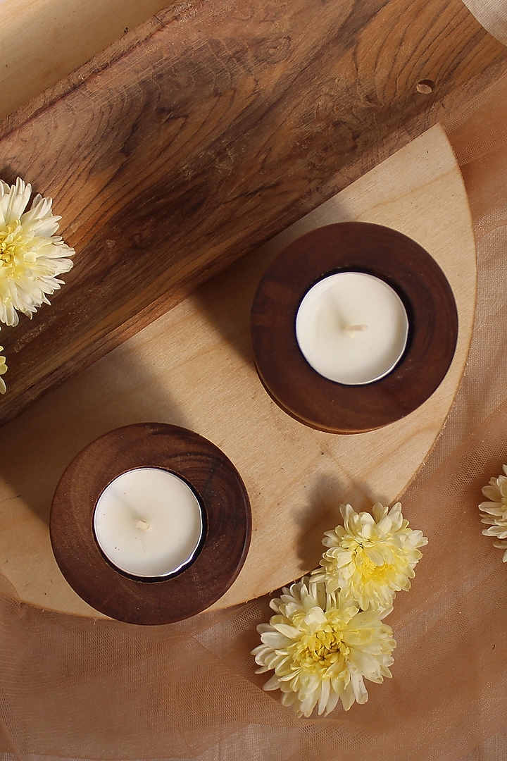 Brown Reclaimed Teak Wood Candle Holder (Set Of 2) by Studio Indigene at Pernia's Pop Up Shop