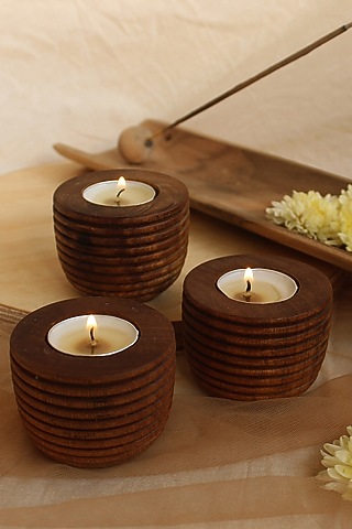 Brown Reclaimed Teak Wood Candle Holder (Set Of 3) by Studio Indigene
