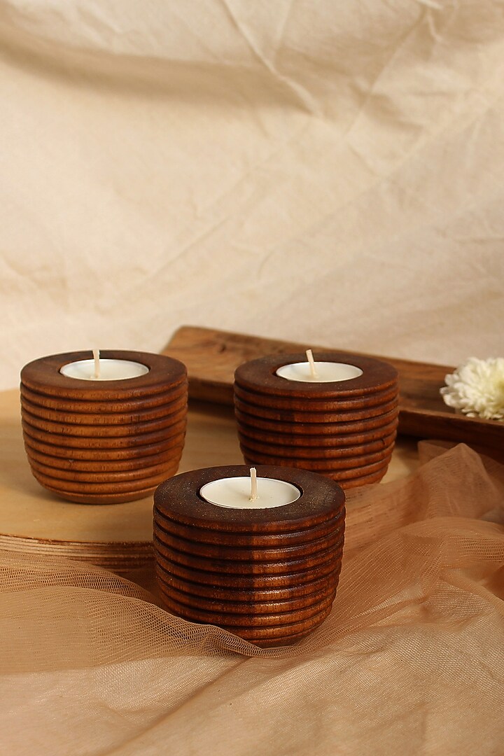 Brown Reclaimed Teak Wood Candle Holder (Set Of 3) by Studio Indigene at Pernia's Pop Up Shop