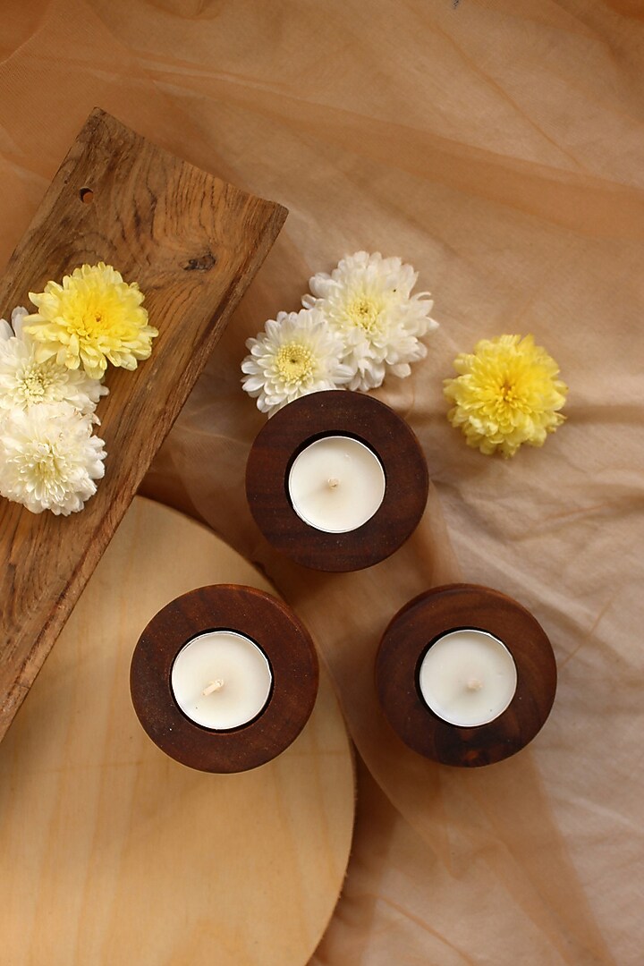 Brown Reclaimed Teak Wood Candle Holder (Set Of 3) by Studio Indigene at Pernia's Pop Up Shop