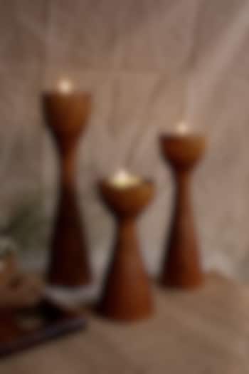 Brown Reclaimed Teak Wood Candle Holder (Set Of 3) by Studio Indigene