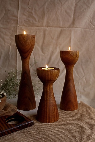 Brown Reclaimed Teak Wood Candle Holder (Set Of 3) by Studio Indigene