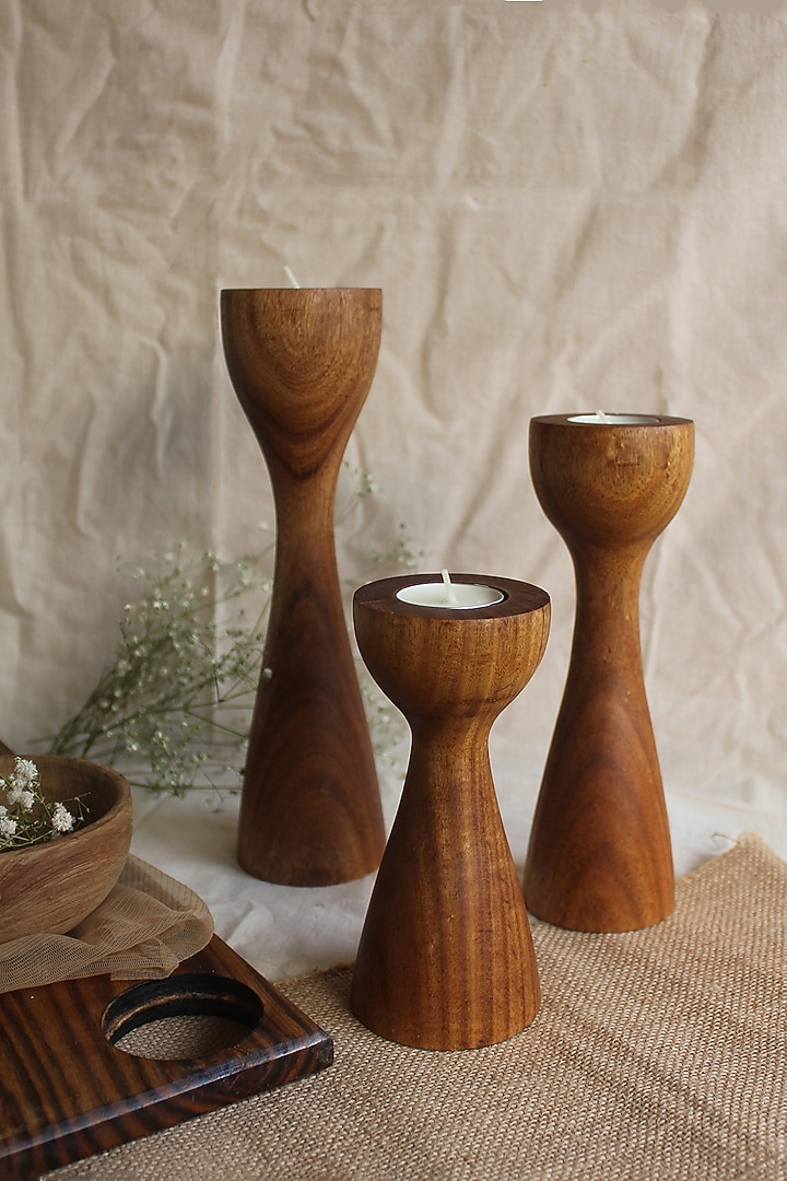 Brown Reclaimed Teak Wood Candle Holder (Set Of 3) by Studio Indigene at Pernia's Pop Up Shop
