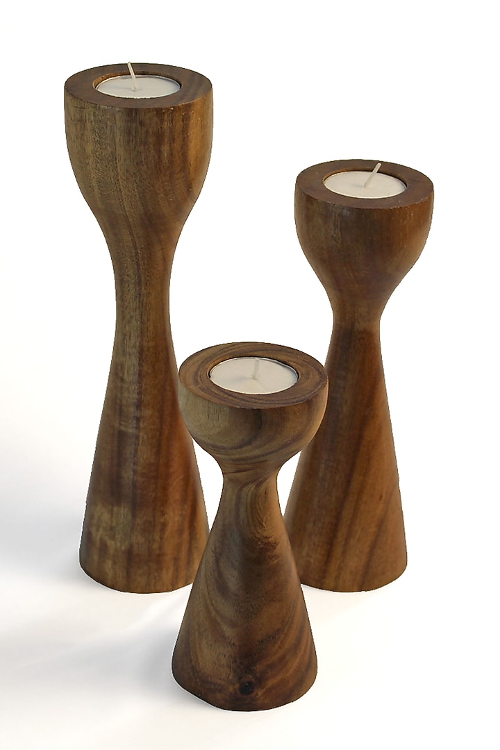 Brown Reclaimed Teak Wood Candle Holder (Set Of 3) by Studio Indigene at Pernia's Pop Up Shop