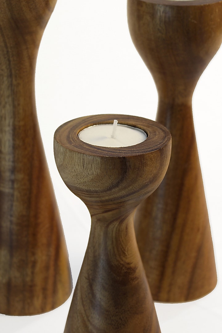 Brown Reclaimed Teak Wood Candle Holder (Set Of 3) by Studio Indigene at Pernia's Pop Up Shop